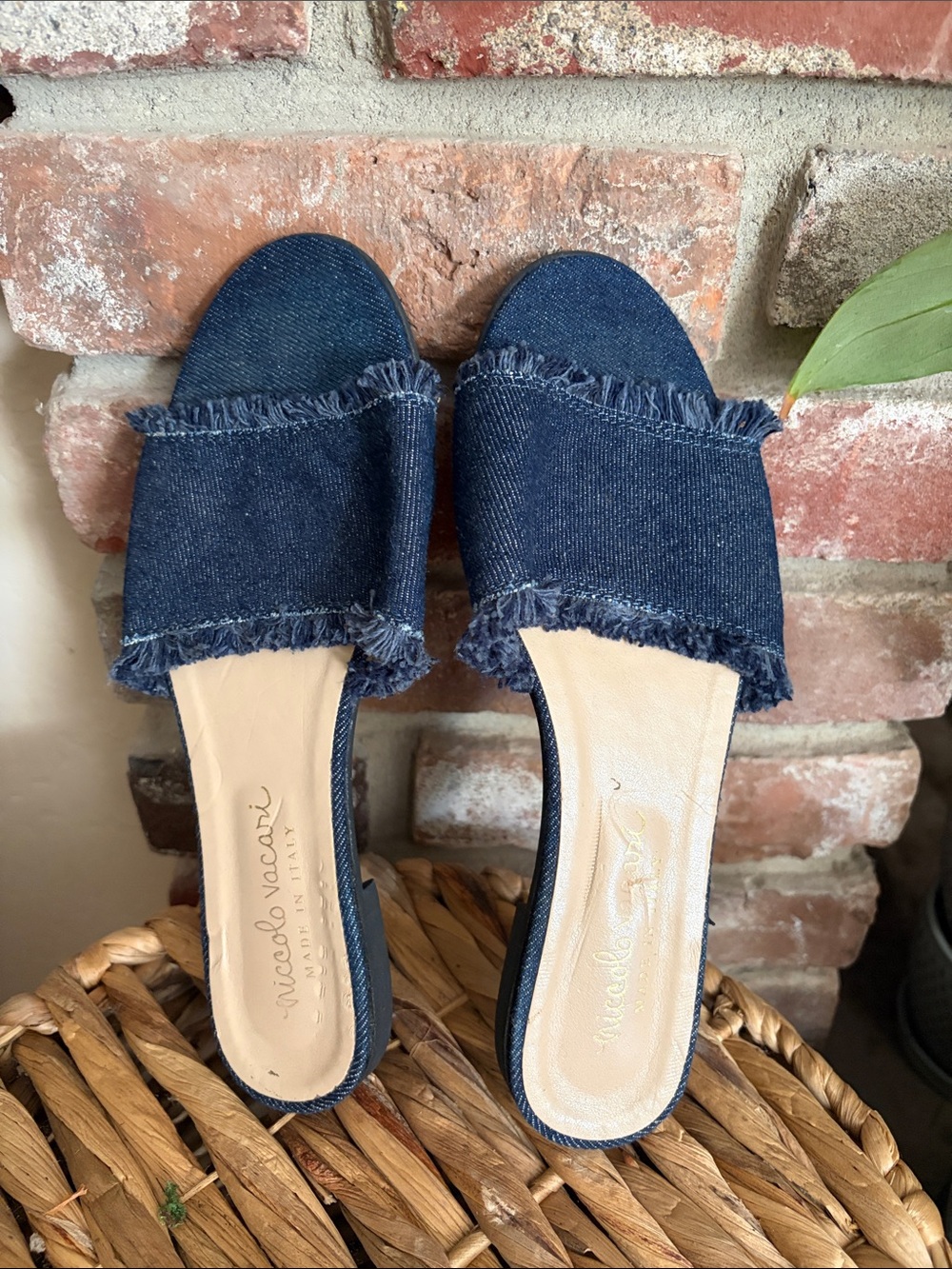 Denim Frayed Slide Mules in Dark Blue